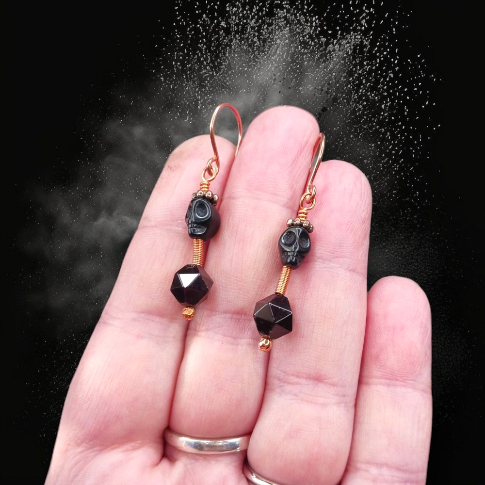 Artisan Copper Wire Earrings with Star-Cut Dark Garnet and Black Skulls